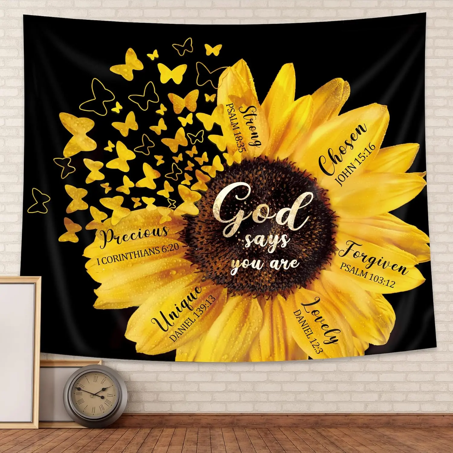 Black Yellow Sunflower Tapestry, 51Hx59W in, Bible Verse Quotes, Floral Butterfly Design, Women's Rustic Country Nature Wall Hanging, Indoor Home Decor for Bedroom Living Room Dorm, Flowers Decorating Fabric, Room Decor