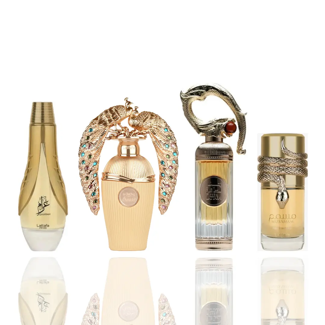 Lattafa Unisex 4-Piece Fragrance Discovery Set - Premium Arabian Spicy Woody, Earthy Woody, Dark Wood Scents Sampler (Gharam, Afeef, Sehr, Musamam) with Cinnamon, Floral Amber Scents, EDP Liquid Perfumes