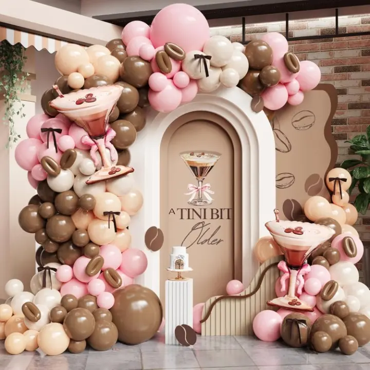 138PCS Espresso Martini Balloon Garland Pink & Brown Arch with Martini Foil for Bachelorette Party