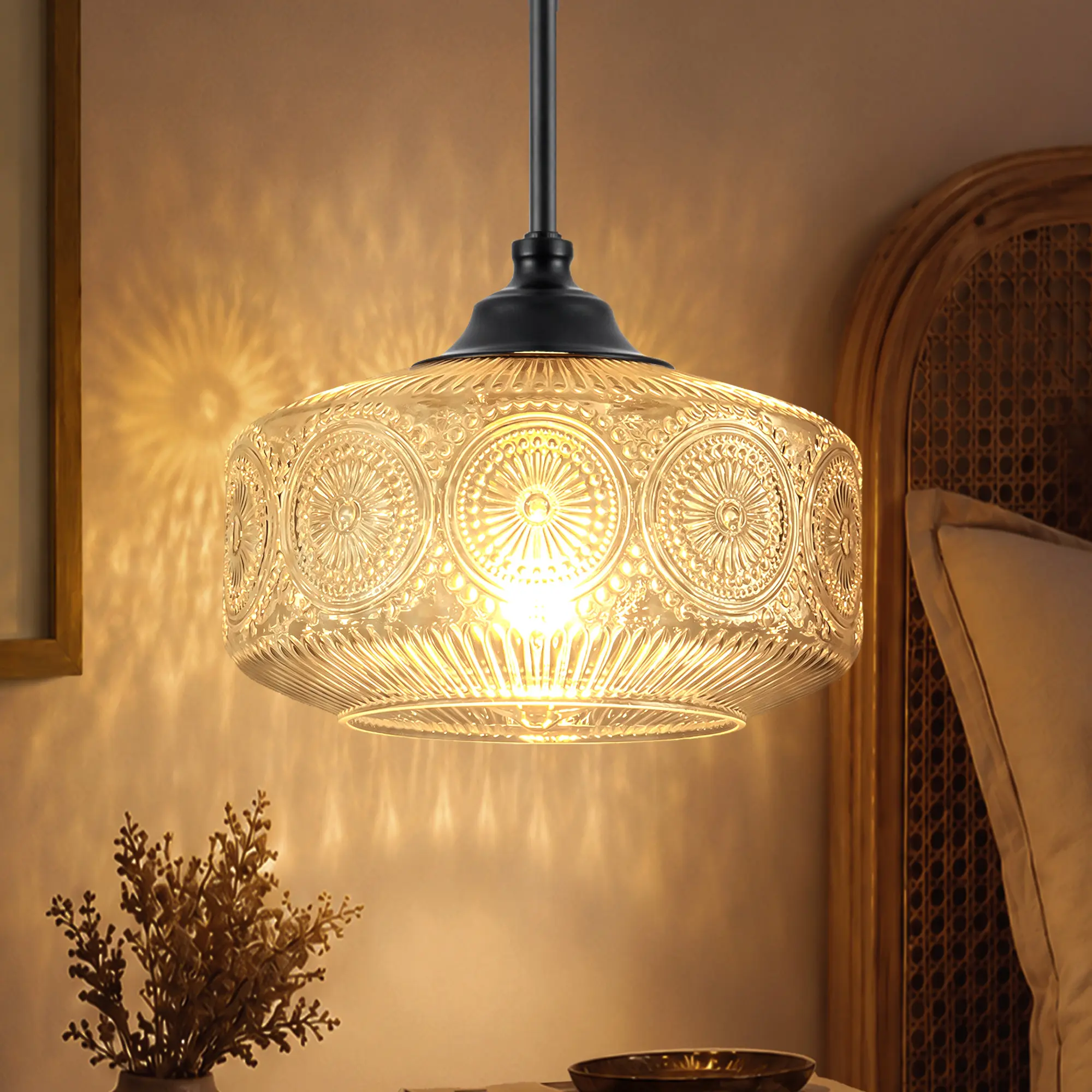9.45in Drum Pendant Light with Etched Glass Shade for Kitchen Island Dining Room Over Sink