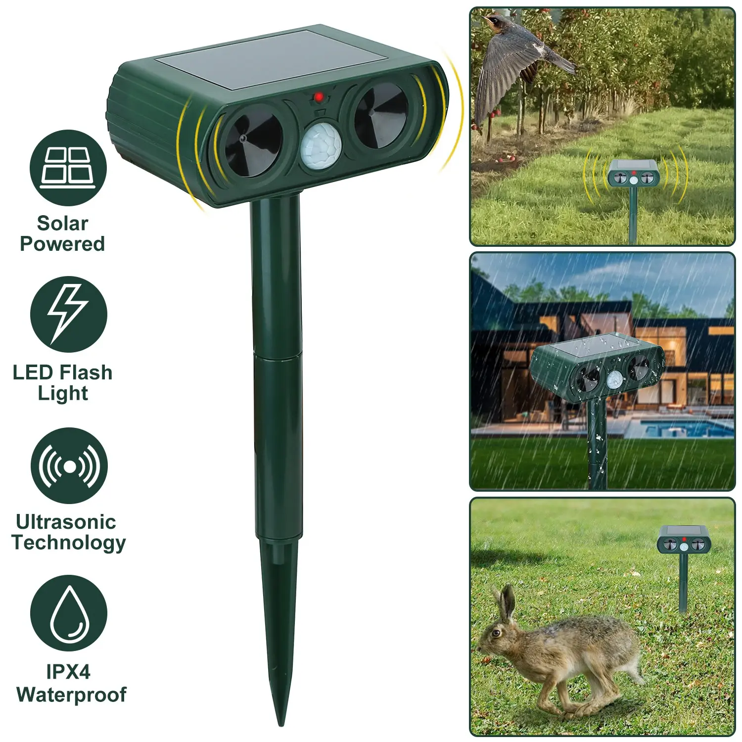Lixada Compact Solar-Powered Ultrasonic Animal Repeller with Motion Sensor, Motion Alert, IPX4 Waterproof LED Lights, Ground Insert - Outdoor Effective Pest Control for Farms, Boats, Up to 2,425 Sq. Ft. Coverage, Repels Deer, Raccoon