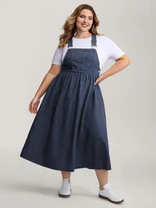 【Summer Turn-Up】BlOOMCHIC Plus Size Denim Adjustable Overall Straps Pockets Midi Dress Sleeveless Straps Casual Summer Garment Basic Cotton Womenswear Fit Fabric [1x-6x] 2026 Summer Pick for Mother's Day