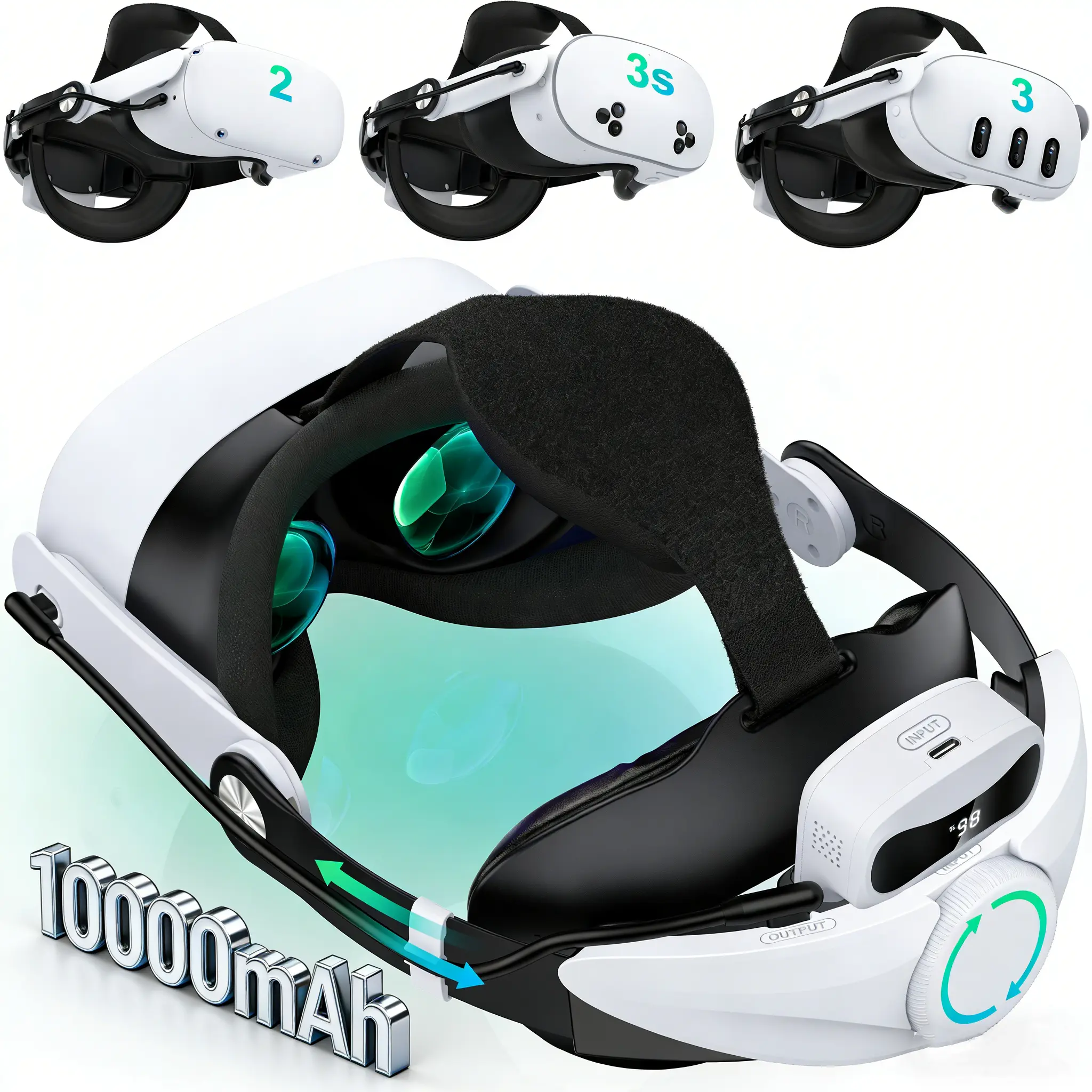 VR Head Strap with 10000mAh Battery Pack for Meta Quest 2/3/3S VR Goggles - Rechargeable Kids’ Game Accessory, Adjustable Soft Cushion, Enhanced Support, Pressure Reduction, 3-4H Playtime Extension, Yes