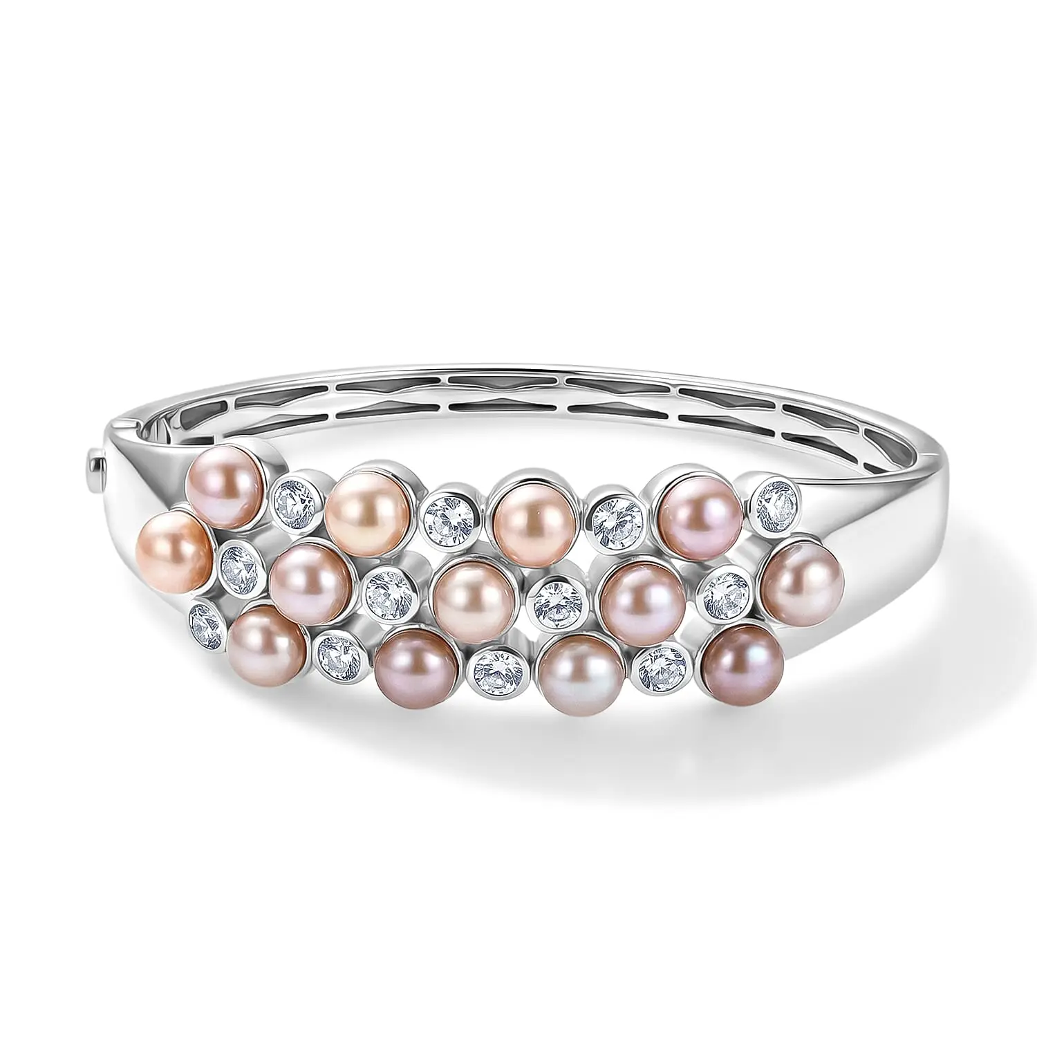 EverTrue Pink Freshwater Pearl, White Topaz Blush Pearl Whisper Bangle Bracelet in Platinum Bond (7.25 in) 3.60 ctw
