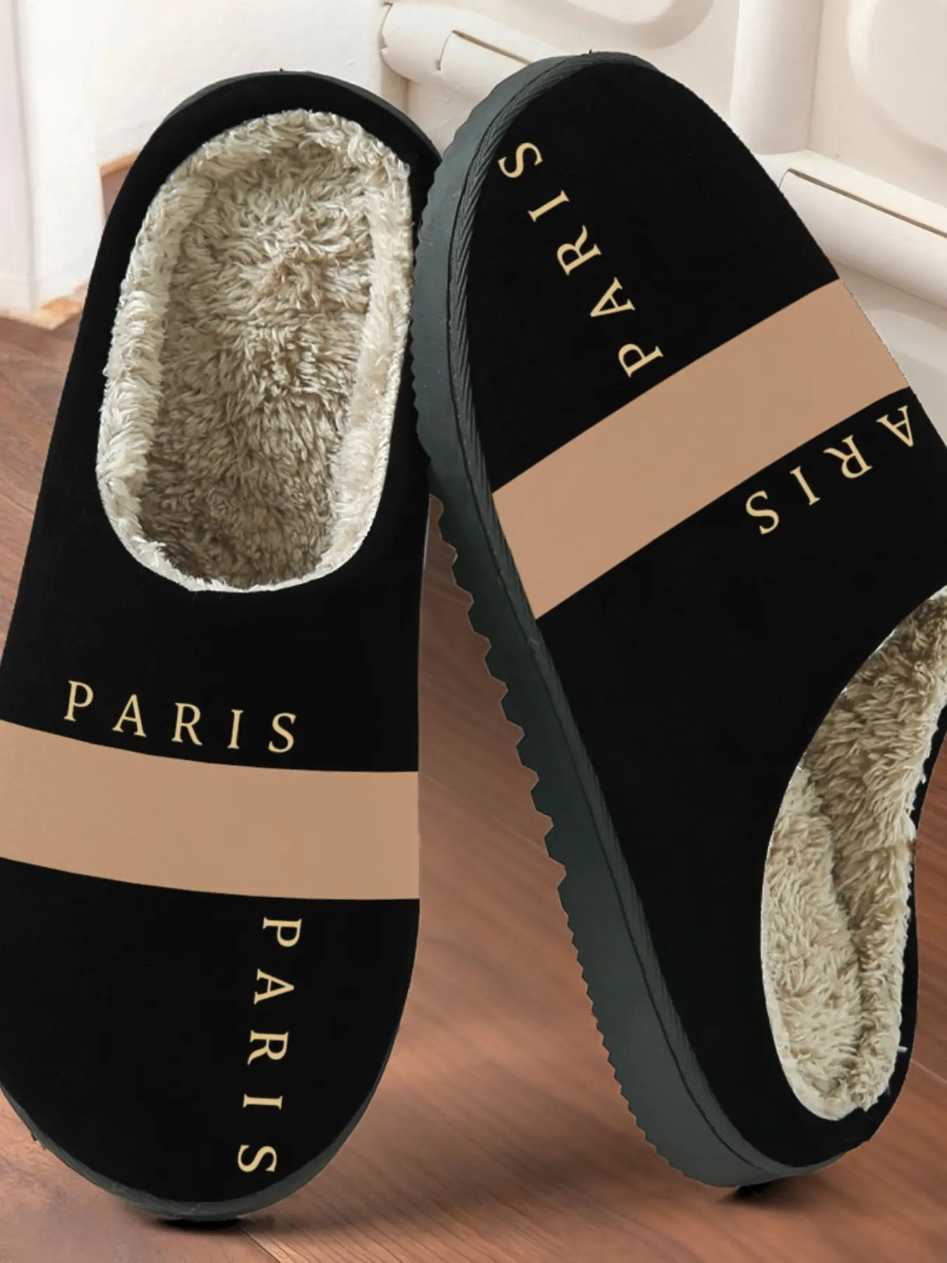 Paris Luxury Cotton Slippers, Plush Lined Anti-Slip Thick Sole, Casual Geometric Design, Fall & Winter Warm Home Shoes