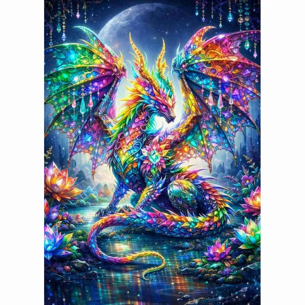 Fantasy Rainbow Dragon with Crystals Diamond Painting Kit, Magical Moon & Lotus Scene, 5D Full Drill Round Rhinestone Cross Stitch, Colorful Mythical Creature Art, Dragon Home Decor, Fantasy Lover DIY Craft Gift, Diy Craft Supplies, Diy Kits