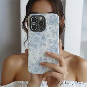 MagSafe French Toile De Jouy Case, Blue and White Floral Wireless Charge MagSafe Phone Case for iP 12,13,14,15, Tough Phone Case