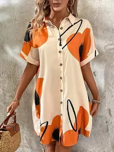 【Plus Size】 Button Shirt Dress, Elegant Casual Short Sleeve Collar Dress for Daily Outdoor Wear, Women's Plus Size Clothing for Summer