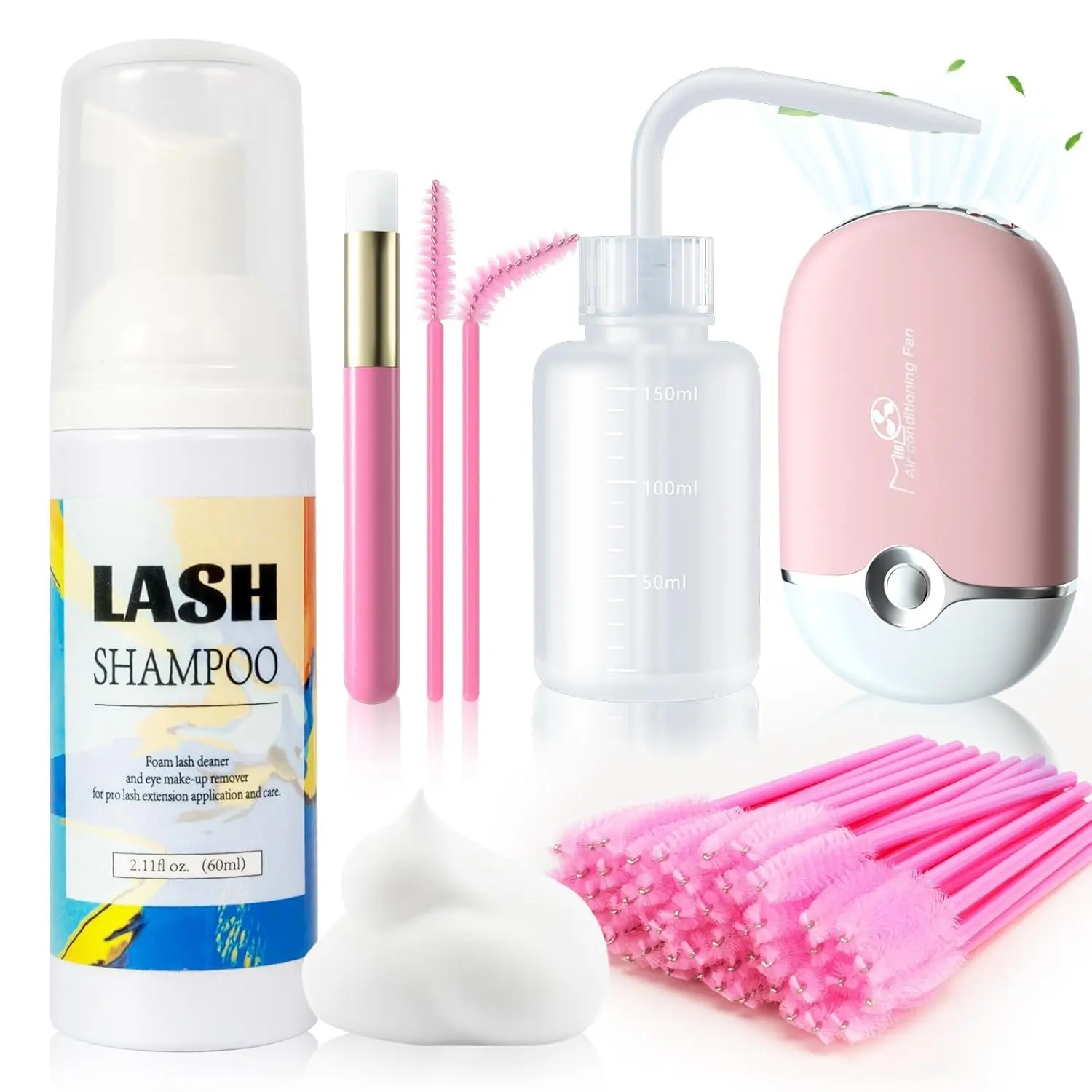 Halloween Fall Gift Pink Eyelash Extension Cleanser Set, 2.02Fl oz Daily Lash Shampoo Kit with USB Rechargeable Lash Fan, Cleansing Brush, Rinse Bottle & 50 Mascara Wands