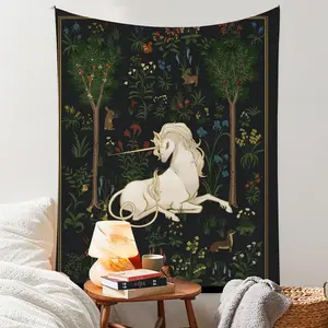 Unicorn & Floral Pattern Tapestry, Durable Decorative Tapestry, Vintage Forest Garden Pattern Hanging Blanket, Wall Art Decoration for Home Living Room Bedroom, Home Decor Ideas