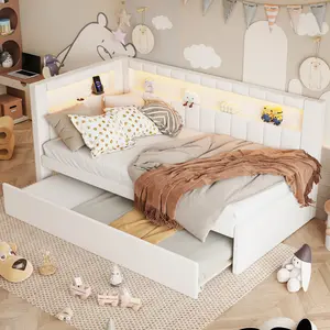 Twin Size Daybed with Trundle and L-Shaped Bookshelf Headboard, Linen Upholstered Soft Corner Bed with Storage Shelves, Charging Station and LED Belt, White