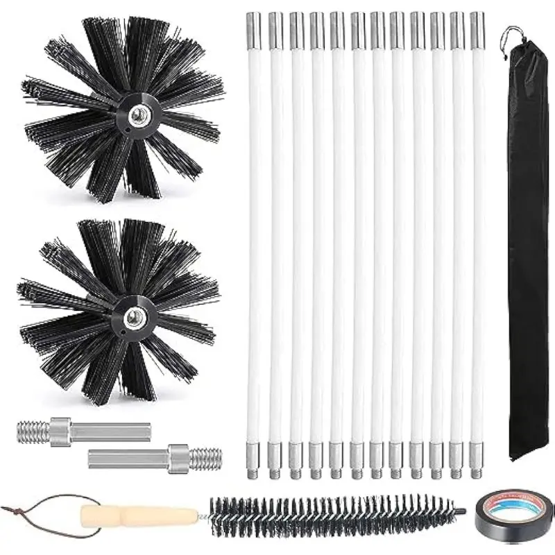 20FT Extended Easy-to-Assemble Duct Cleaner Kit with 15 Nylon Rods, 7.8in Drill-Attached Lint Brush (Flexible, Easy Attachment), 7.8in Chimney Brush for Dryer Duct Cleaning & Efficiency Boost