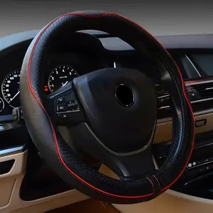 Microfiber Leather Steering Wheel Cover, Universal 14.5-15 Inch,Anti Slip,Heavy Duty, Thick,Soft,Breathable  Interior Accessories for Men Women (Black with Red line)