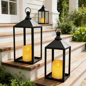 Set of 2 Black Metal Decorative Lanterns with Flickering LED Flameless Candle, Indoor Outdoor Rustic Vintage Hanging Lantern Tabletop Centerpiece Decor for Wedding, Patio, Porch, Home & Garden Decoration
