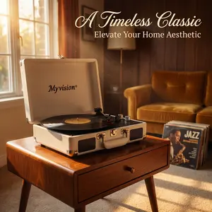 Myvision Rechargeable Vinyl Record Player - Retro Litchi Grain Suitcase Portable Turntable with 3-Speed Play, Bluetooth Sync, RCA Output, Stereo Speakers, CD Player, Retro Vibe Home Decor, Mother's Day Gift tiktokshopspringglowup