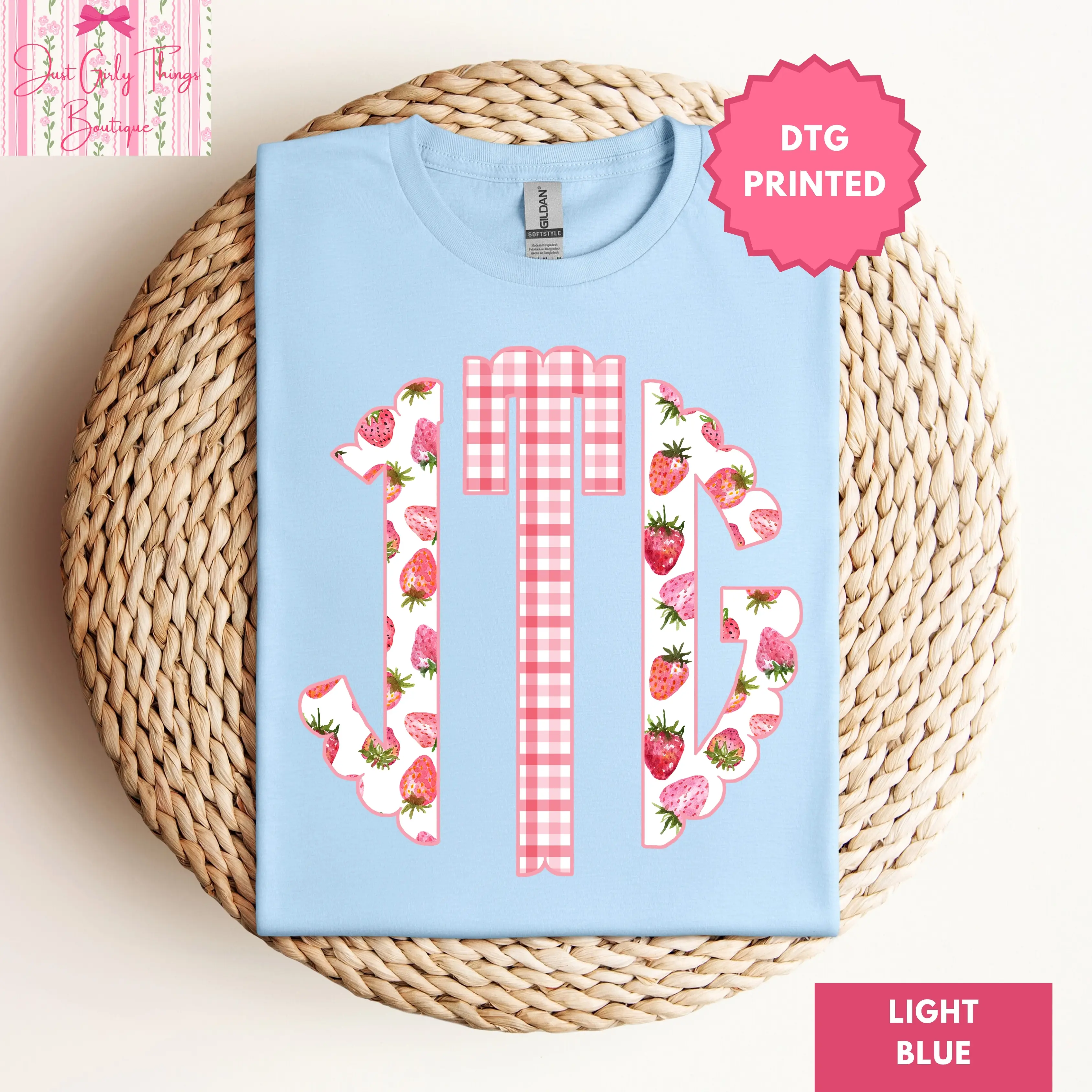 Custom Gingham Strawberry Monogram Shirt -Gildan 64000 Sofststyle Shirt (Leave First Name Initial, Last Name Initial, Middle Name Initial in Notes at Checkout), Custom Name Shirt, Personalized Name Shirt, Custom Monogram Shirt, Monogrammed Shirt