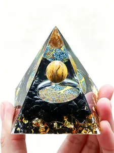 Handmade Tree of Life Orgone Pyramid with Natural Tiger's Eye Sphere & Black Obsidian Chips, Gold Foil Orgonite Energy Generator for EMF Protection, Meditation, Grounding, Spiritual Healing and Home Decor, Orgonite Pyramids