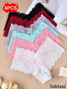6 Pack High Rise Comfortable Casual PantiesSet，Women's Sexy Lace Boyshorts - Soft Comfortable Floral Print Drop Waist Underwear, Medium Support Panties，Full Square Printed Fashionable And Skin Friendly Suitable
