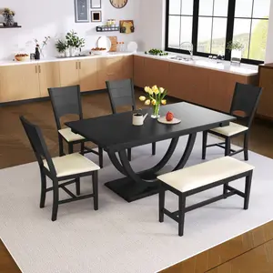 6-Piece Wood Half Round Dining Table Set Kitchen Table Set with Long Bench and 4 Dining Chairs, Modern Style, Gray(High end and high-quality)