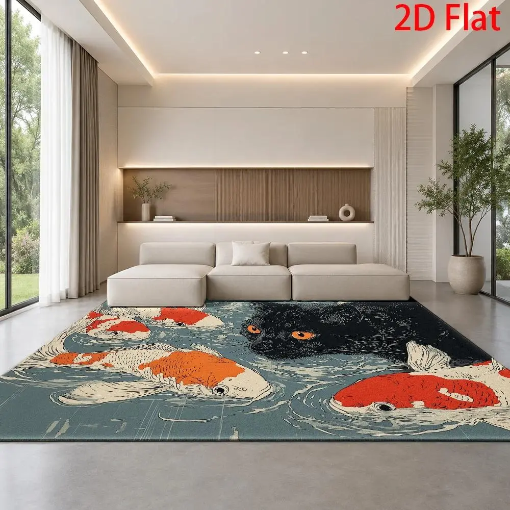 2D Flat Low-Pile Area Rug - Japanese Koi Fish & Black Cat/Oriental Watercolor/Santa Deer Christmas Designs, Durable Machine-Washable Large Floor Mat for Living Rooms, Bedrooms
