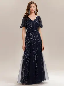 EVER PRETTY 2026 New Deep V Sequin Formal Gown - Ruffled Short Sleeves, Floor-Length Tulle Skirt, Beaded Embellished Dress for Evening Events, Black Tie Wedding Guests, 2664