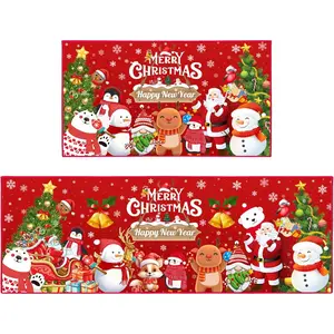 2 Pcs Christmas Kitchen Rugs and Mats, Merry Christmas and Happy New Year Home Kitchen Decoration Non-Slip Floor Mat Sets, Washable Microfiber Kitchen Carpet 17x47+17x30 Inches