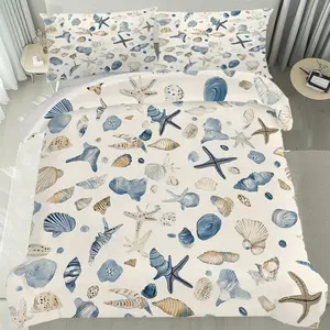 3-Piece Down Comforter Set, Multicolor Starfish Conch Shell Print Bedding, Soft and Cozy, Bedroom Guest Room Use, Includes 1 Comforter + 2 Pillowcases