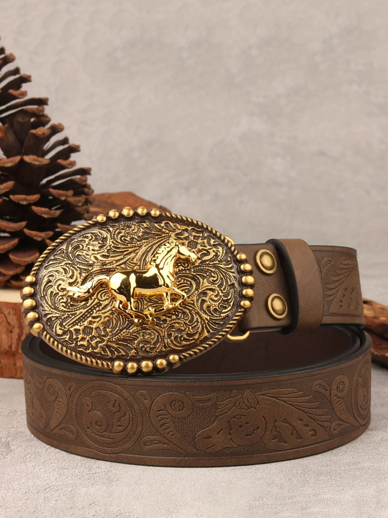Vintage Horse Print Western PU Leather Belt, Retro Cowboy Style, Plate buckle, Adjustable Durable Belt for Rodeo and Daily Wear, Western Cowboy Belts