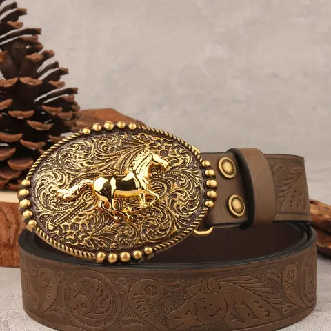 Vintage Horse Print Western PU Leather Belt, Belt with Buckle, Retro Cowboy Style, Plate buckle, Adjustable Durable Belt for Rodeo and Daily Wear