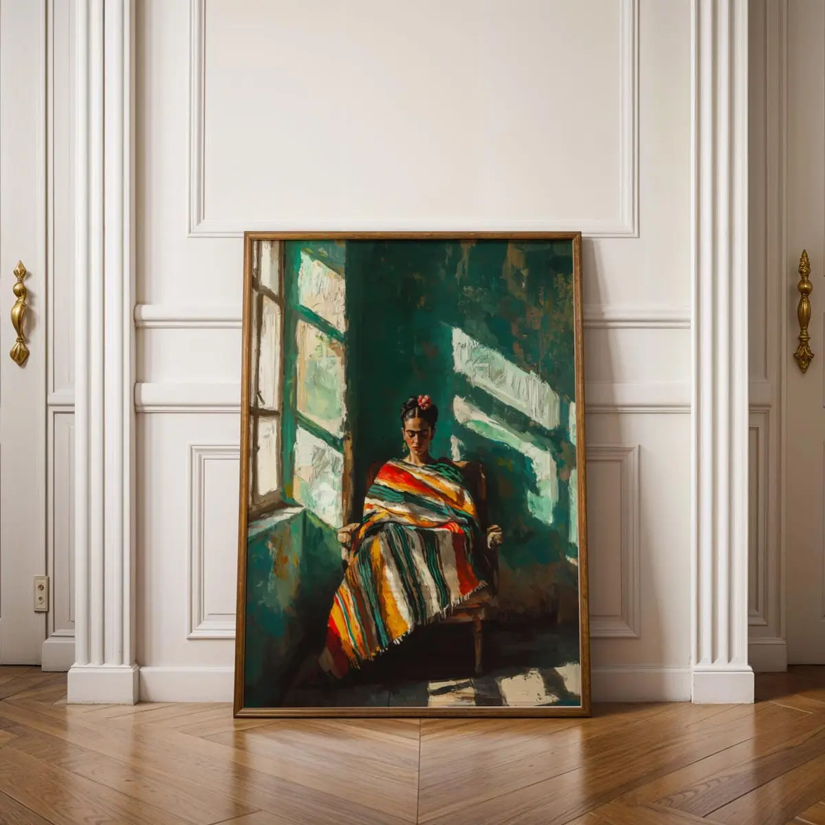 Emerald Green Frida-Inspired Abstract Portrait, Contemporary Wall Art, Mexican Art Style, Modern Stripe Woman Print, 5 Size, 8x12 to 27x40 inch, Room Decor, Unframed