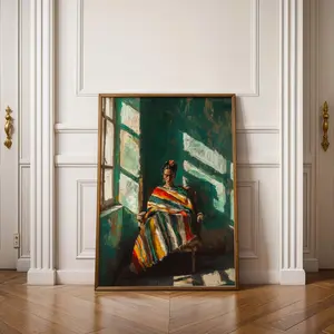 Emerald Green Frida-Inspired Abstract Portrait, Contemporary Wall Art, Mexican Art Style, Modern Stripe Woman Print, 5 Size, 8x12 to 27x40 inch, Room Decor, Unframed