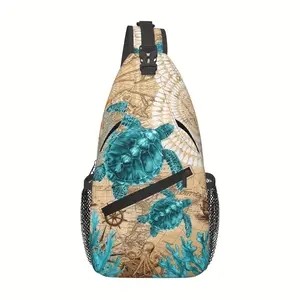 Crossbody Chest Bag Hiking Backpack Vintage Nautical Charts And Sea Turtle Shoulder Bag Folding Large Capacity Fashion Durable Can Be Used For Shopping, Work, Leisure Travel Beach Bag Fishing Backpack