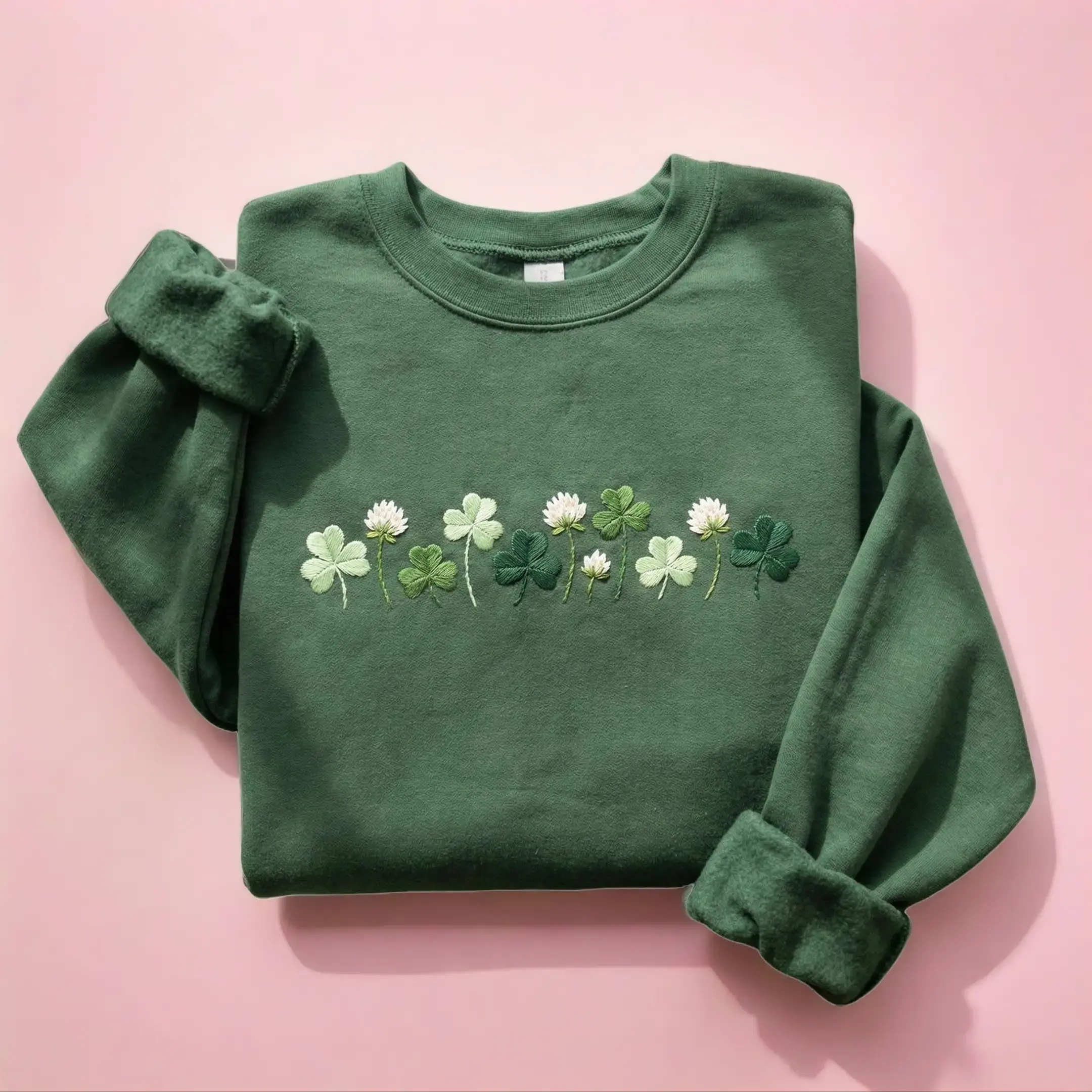 Embroidered Shamrocks Crewneck: St Patrick's Day Irish Sweatshirt, Shamrock Meadow,Floral Clover Garden Green Hoodie, Aesthetic Lucky Charm Holiday Gift for Women, Soft Cozy Cotton Pullover