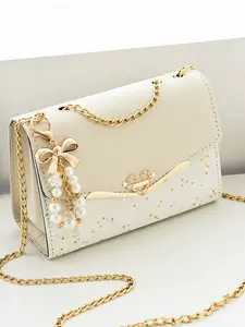 Women's Colorblock Glitter Star Pattern Crossbody Bag, Elegant Chain Strap Shoulder Bag, Fashionable Bag with Faux Pearls Charm