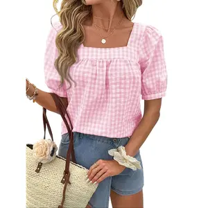 Women's Casual Checkered Short-Sleeve Square-Neck Shirt