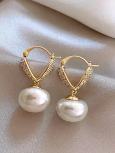 Elegant French Style Faux Pearl Dangle Design Earrings, Fashionable Women's Party Vacation Daily Commute Versatile Earrings Ear Hook Design