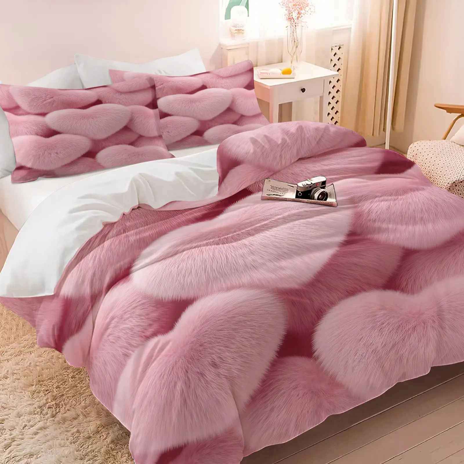 2/3 Piece Romantic Valentine'S Day Bedding Set, Pink Heart-Shaped Printed Decorative Duvet Cover Set, Suitable for Couples' Bedroom Decoration, Soft, Comfortable, Including 1 Duvet Cover and 1/2 Pillowcase, Theme Bedding Set