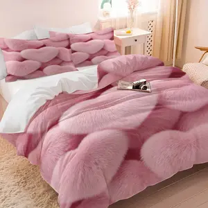 2/3 Piece Romantic Valentine'S Day Bedding Set, Pink Heart-Shaped Printed Decorative Duvet Cover Set, Suitable for Couples' Bedroom Decoration, Soft, Comfortable, Simple and Fashionable, Including 1 Duvet Cover and 1/2 Pillowcase（Not Plush Bedding）