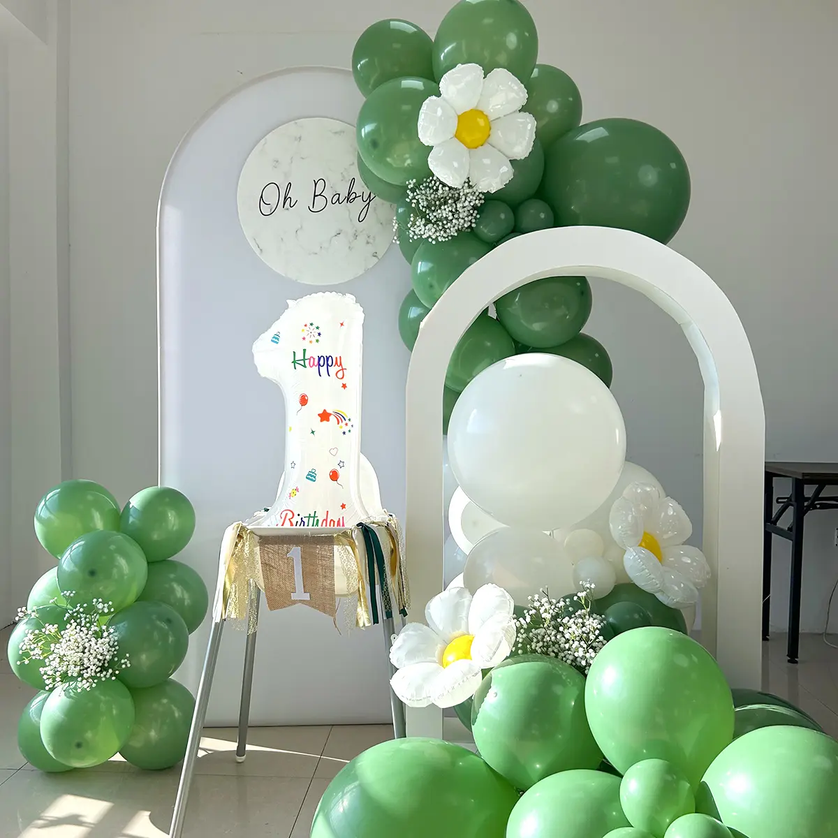 Party Decor Sets - 5-Piece PE Plastic Birthday Supplies Kit with 11-In Banner, Balloon Arch, White Flowers, Backdrop