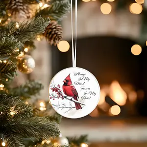 Red Cardinal Christmas Ceramic Ornament - Round Glossy Finish Lightweight Durable Design with Gold Hanging String for Holiday Decor