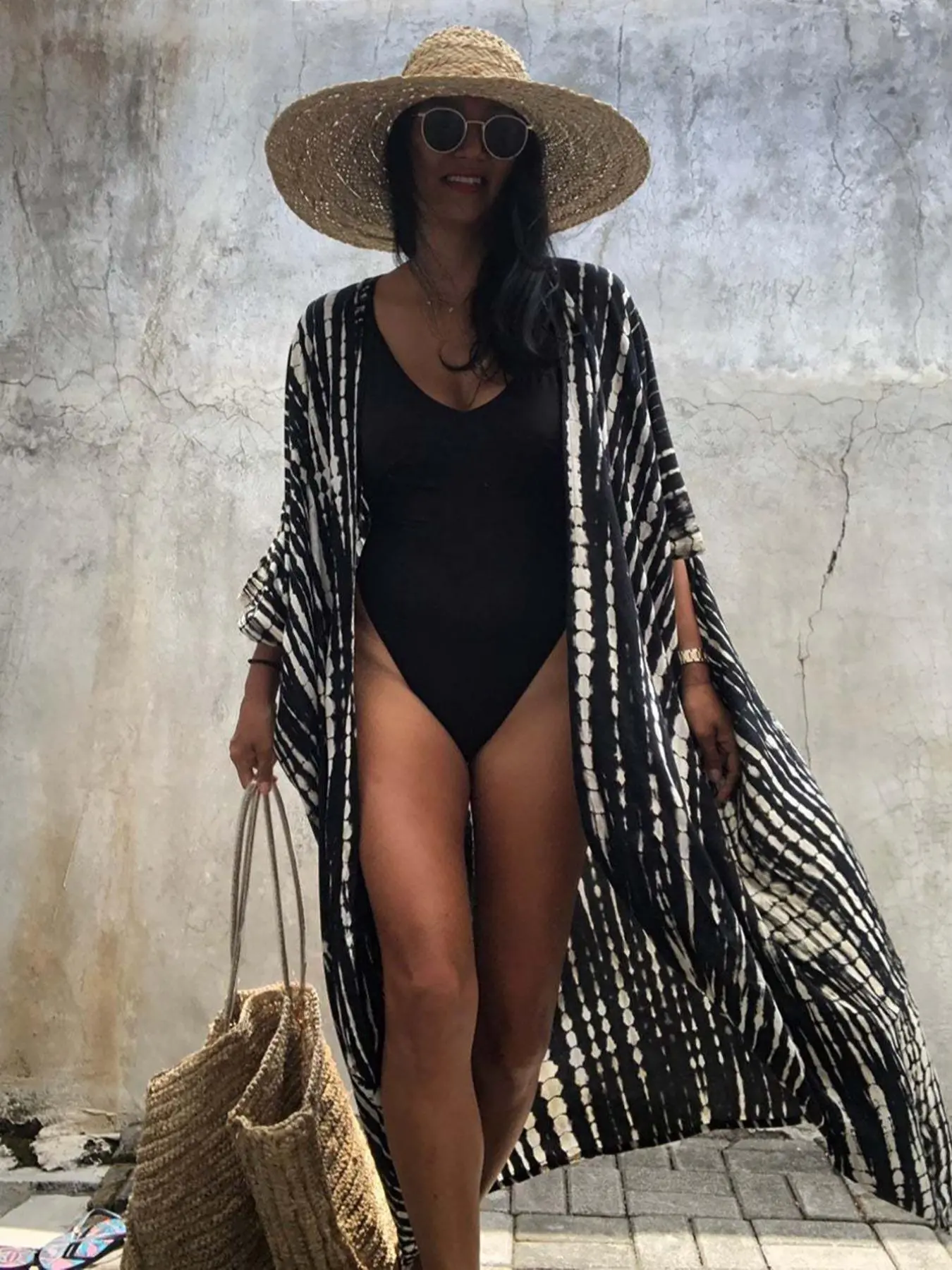 Plus Size Tie Dye Print Belted Open Front Kimono, Casual Batwing Sleeve Long Outerwear for Beach Vacation, Women's Summer Clothes, Swimwear Coverups, Swimsuit Cover Up, Bathing Suit Cover, Beachwear Cover Up