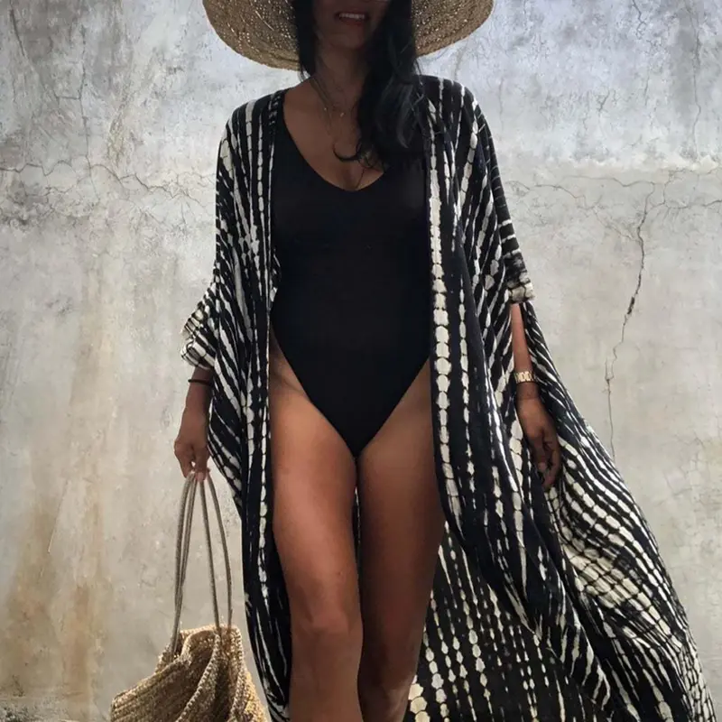 Plus Size Tie Dye Print Belted Open Front Kimono, Casual Batwing Sleeve Long Outerwear for Beach Vacation, Women's Summer Clothes, Swimwear Coverups, Swimsuit Cover Up, Bathing Suit Cover, Beachwear Cover Up