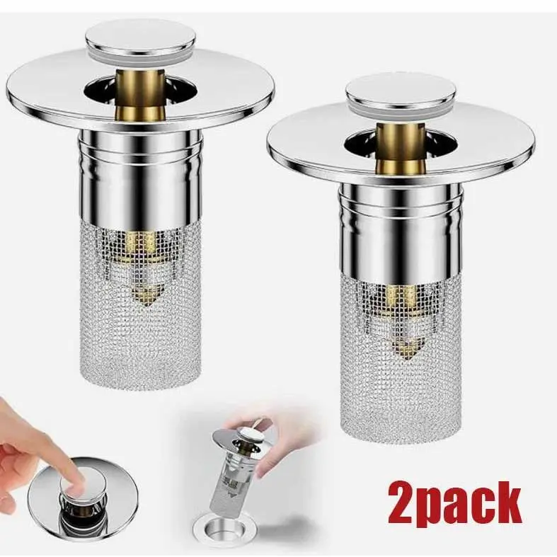 2-Pack Removable Universal Bathroom Sink Drain Stopper Set - 2-in-1 Pop-Up Filter Hair Catcher Strainer Plug, Rustproof Copper ABS Chrome Cover, Waterproof Wipeable Shiny Finish for 1.06-1.50in Holes, Old Rusty Drain Edges Cleaning Tool, Two Piece Set