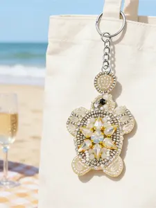 Handmade sea turtle pendant keychain, inlaid with seed beads and rhinestones, Bohemian style ocean animal decorative keychain, cute sea turtle bag accessory, unique gift for women, for family and friends