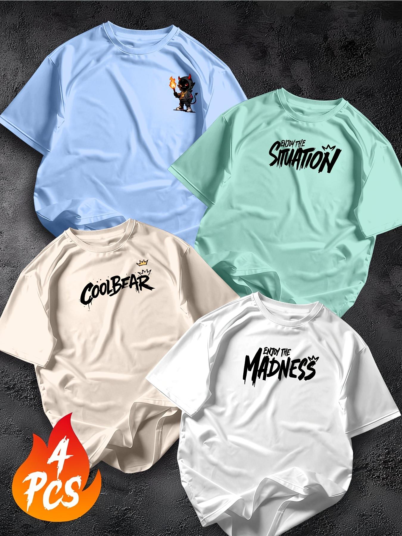 Men's 4-Pack Graphic T-Shirts - Menswear Regular Fit Shortsleeve Tops, Multi-Size Round Neck Artwork Tees for Summer, Outdoor Sports