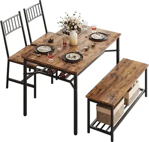 Dining Table Set for 4,Metal and Wood Indoor Modern Rectangular Table Furniture Set for Kitchen,Dining Room, Dinette, Breakfast With Bench, 4 Piece Dining Table Set for Small Space, Apartment