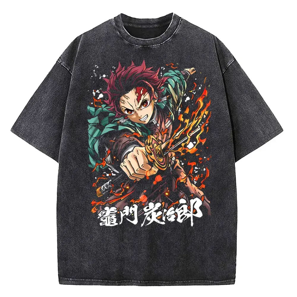 Men's Vintage Anime Graphic T-Shirt - Distressed Washed Cotton, Round Neck, Short Sleeve, Fitted, Hand Wash Only for Festive Wear, All Seasons