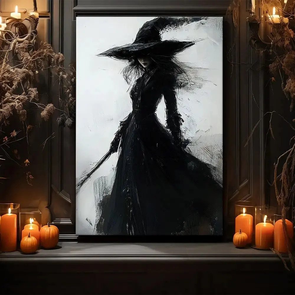 Eco-Friendly 1-Piece Frameless Witch Silhouette Canvas Print, 12"x18" 24"x36" Multi-Size Monochrome Decor, Vintage Living Room Home Accent, Ideal Halloween Gift with Hanging Kit for Halloween Ideas, Supernatural & Witchcraft Aesthetic, Creepy Cute