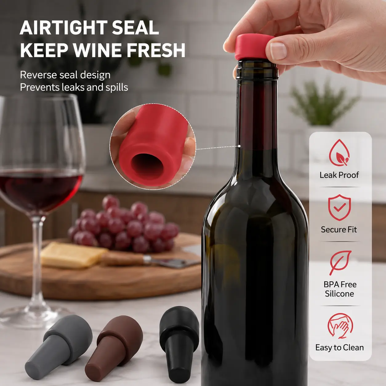 2 Counts, Silicone Wine Stoppers, Random Color, Double Seal Design, Airtight for Home Daily Unfinished Wine Bottle Sealing Storage
