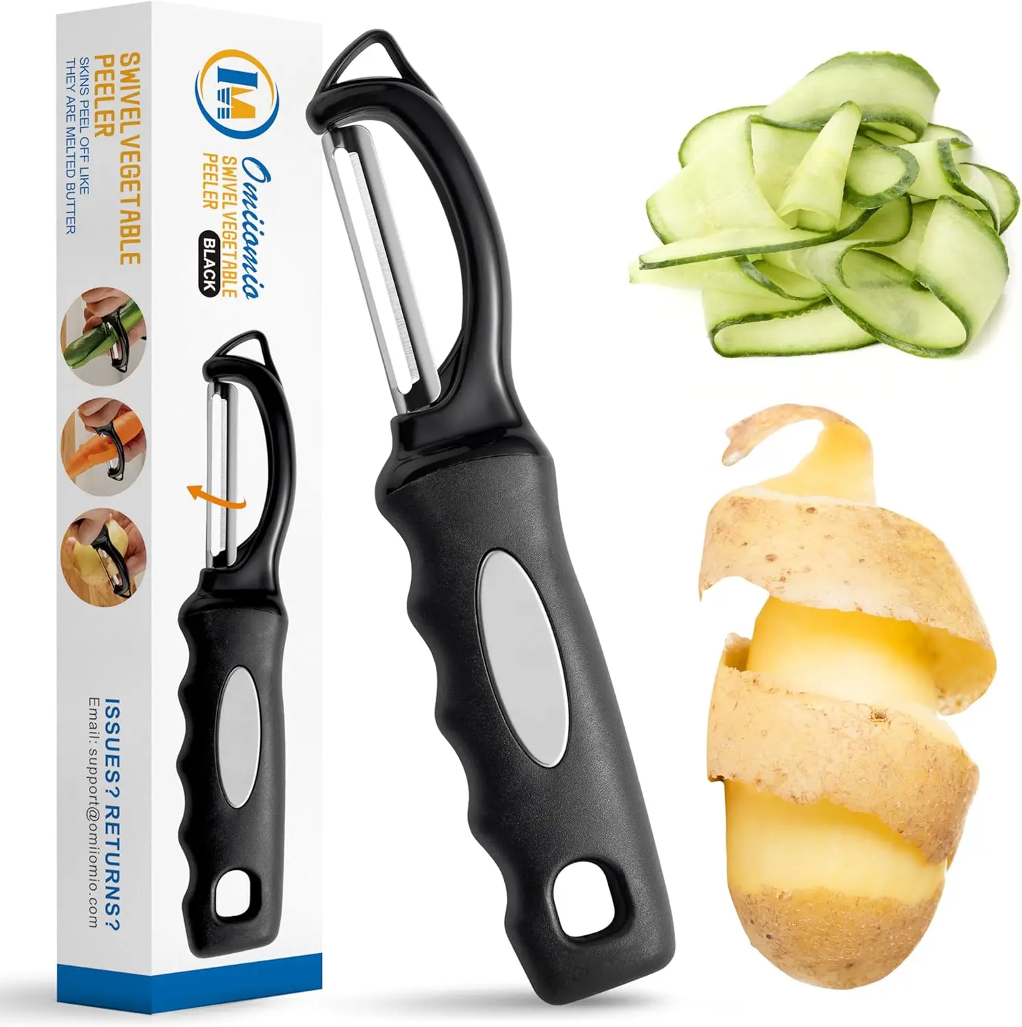 Premium Swivel Kitchen Vegetable Peeler - Soft Grip Handle, Ultra Sharp Stainless Steel Blades - Ideal for Veggie, Potato, Apple (Black)